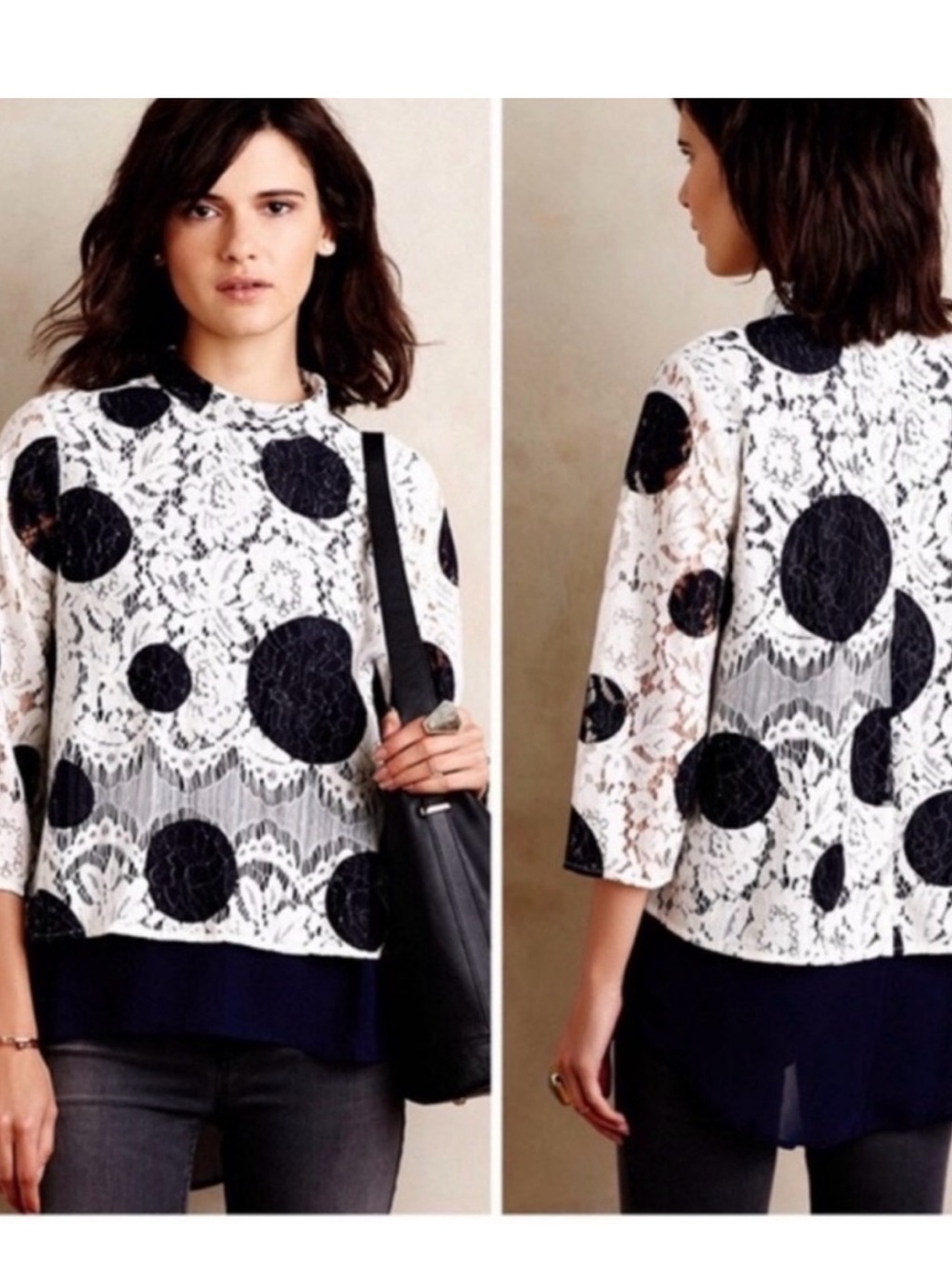 Lovely Lacy Navy & White Polka Dot Blouse